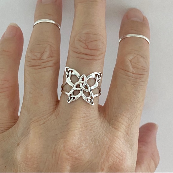 Sterling Silver Thin Celtic Butterfly Ring, Delicate Triquetra Knot Rings - Picture 1 of 12